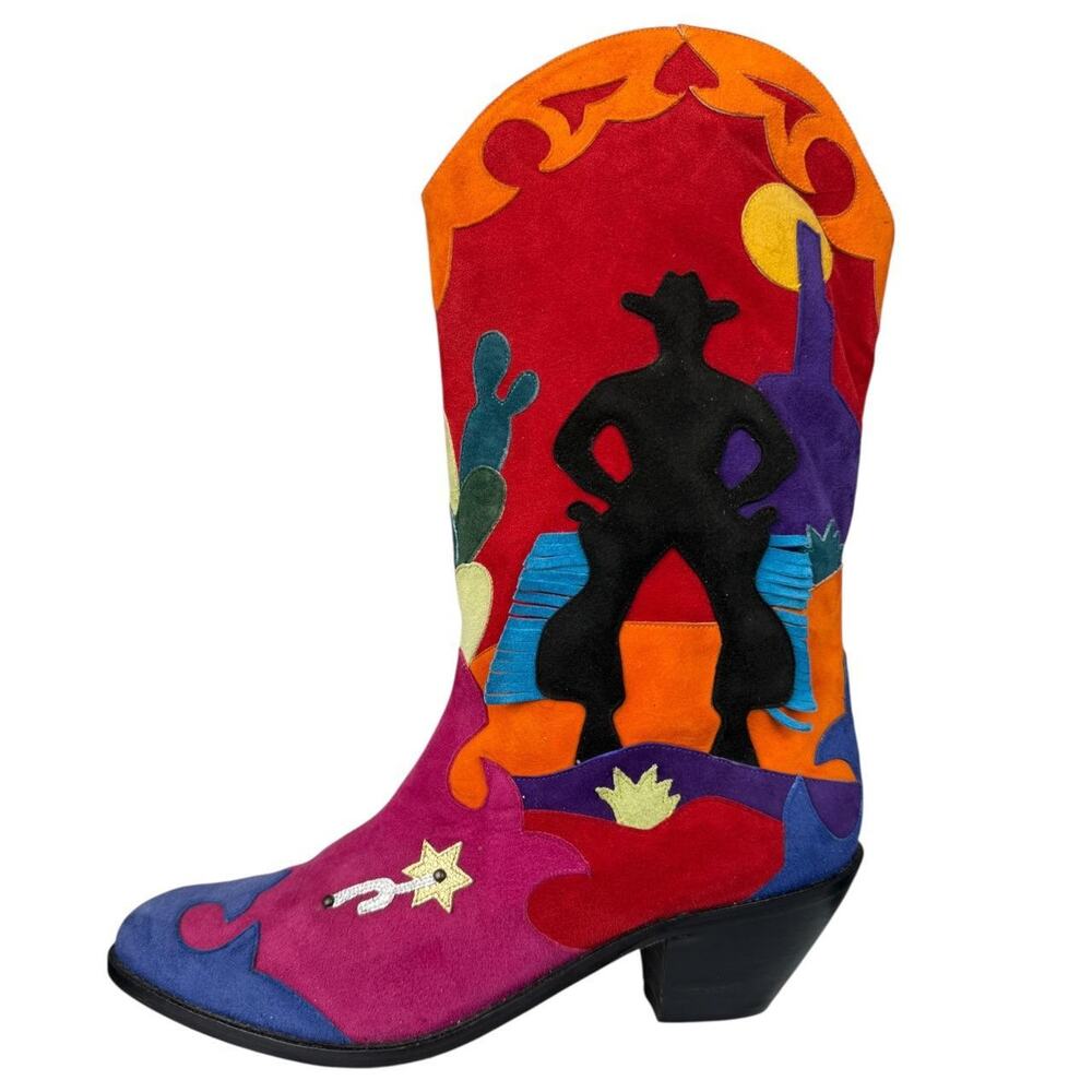 Unique Vintage Zalo Spain Multicolored Suede Cowboy Boots 8M - Picture 4 of 7